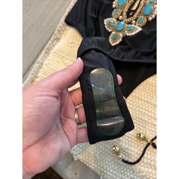 Asa Kaftans Black Turquoise Color Gems Gold Beaded Halter Swim Suit Size XL - Picture 4 of 10